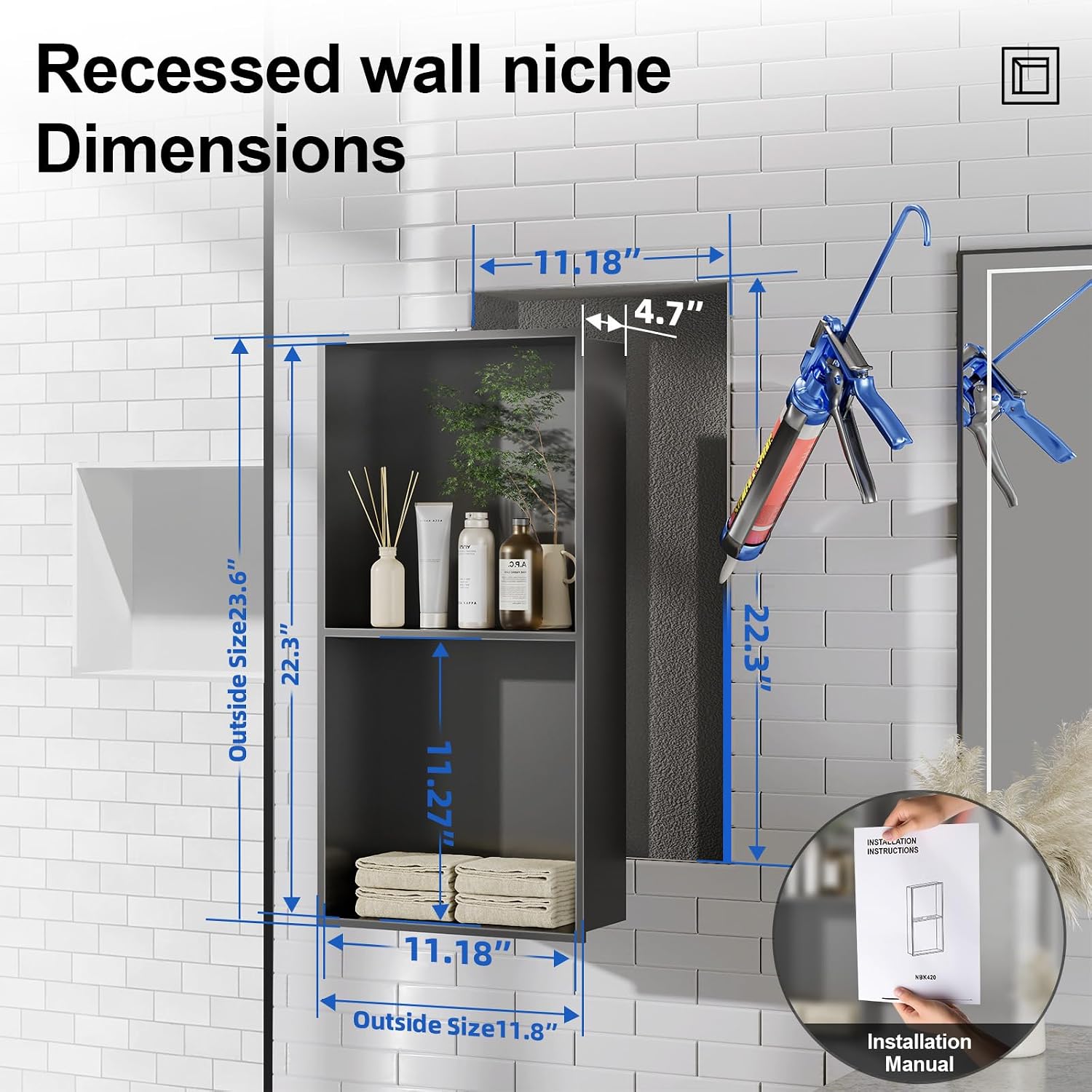 Bathbliss Shower Niche, No‑Tile Recessed Wall Niche, 11.18x22.3 SUS304 Stainless Steel Shelf, Leak‑Proof Waterproof for Bathroom Storage, Matte Black Shower Niche